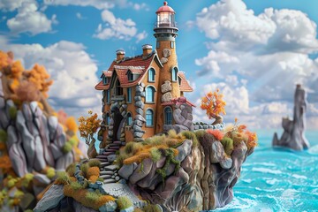 Sculpt the beauty of a lighthouse on a cliff with colored clay, embodying a unique perspective Convey a sense of grandeur and adventure with intricate details - obrazy, fototapety, plakaty
