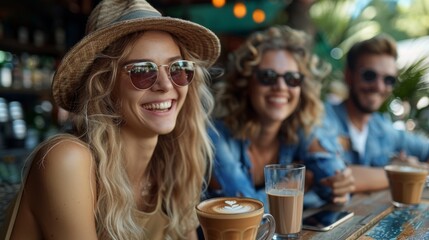 A group of friends enjoy a cup of cappuccino in a cafe bar with a phone on the table in summer - 789173330