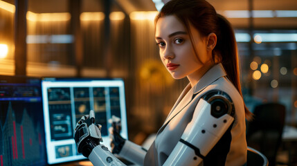 Futuristic Charm: Beautiful Woman with Robotic Arms Gazing into the Camera