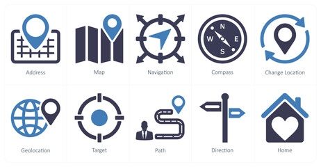 A set of 10 location icons as address, map, navigation