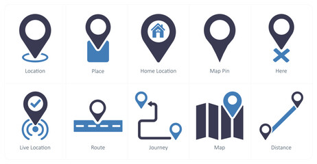A set of 10 location icons as location, place, home location