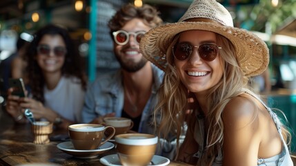 A group of friends enjoy a cup of cappuccino in a cafe bar with a phone on the table in summer - 789173383