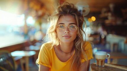 charming sweet young lady sitting on a sun ray dressed yellow t-shirt sitting cafeteria drinking beverage coffee - 789173510