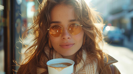 attractive girl drinking hot latte beverage while walking the street - 789173526