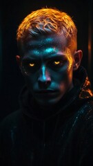Neon looking man with fire and dark environment. 