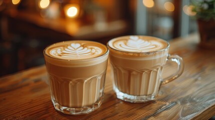 two cups of cappucino on a wooden table in a restaurant - 789173720