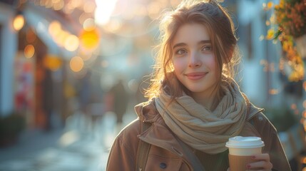 attractive girl drinking hot latte beverage while walking the street - 789173758
