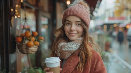 attractive girl drinking hot latte beverage while walking the street - 789173773