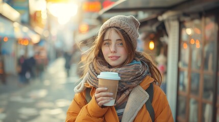 attractive girl drinking hot latte beverage while walking the street - obrazy, fototapety, plakaty