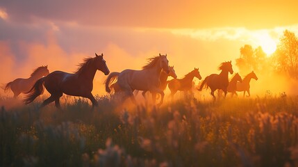 A pack of wild horses galloping freely across a meadow at sunrise