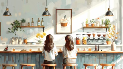 two young women enjoying breakfast drinking coffee sitting at bar cafeteria