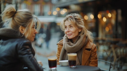 Two middle-aged caucasian ladies are sitting at table on street, chatting and drinking coffee - 789174182