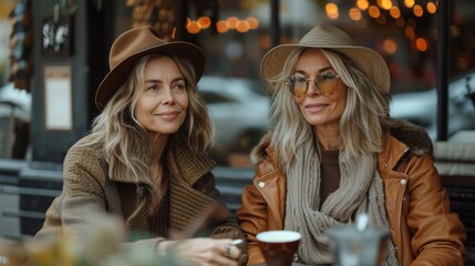Two middle-aged caucasian ladies are sitting at table on street, chatting and drinking coffee - 789174184