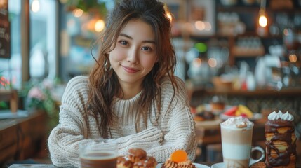 Young asian women sitting in cafe and using mobile. she have latte coffee and chocolate cake for breakfast - 789174188
