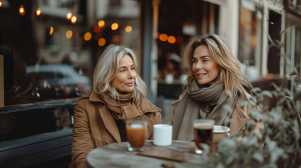 Two middle-aged caucasian ladies are sitting at table on street, chatting and drinking coffee - 789174195