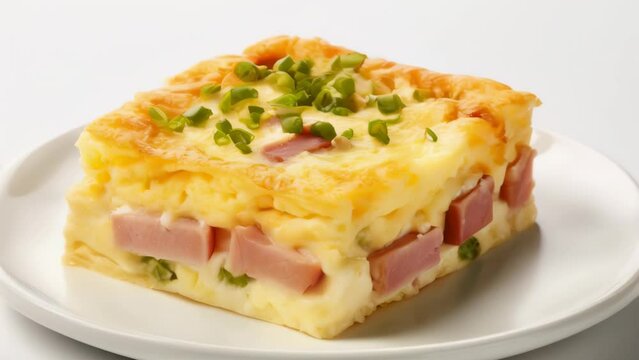 A large piece of food with ham and broccoli on top