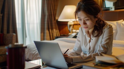 Giovane donna scrive appunti e lavora al portatile in una camera di hotel