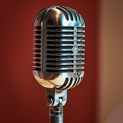 A close up of a vintage microphone against a red background.