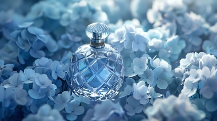 Elegance and Serenity: Perfume Bottle and Blue Flower Composition