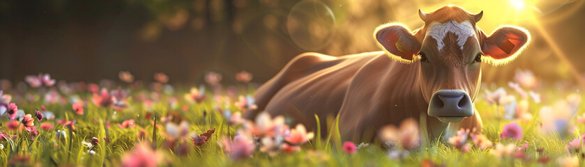 A cow lying in a field of flowers, the sun is shining and the cow is looking at the camera., banner - Powered by Adobe