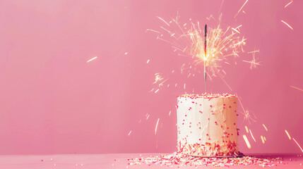 Aesthetic birthday cake with sparklers on pastel pink background. Copy space. Party invitation template. Generative AI - obrazy, fototapety, plakaty