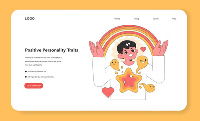 Delightful vector illustration of a character radiating positive personality traits, enveloped by a vibrant rainbow and joyful emoticons, symbolizing optimism