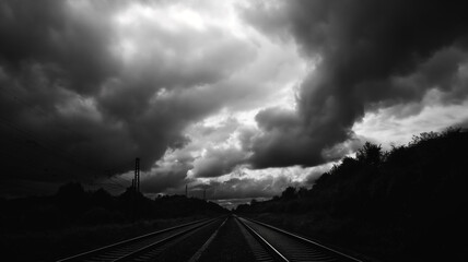 Black and white photography of the railway, dark with clouds. Landscapes photography
