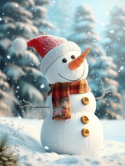 snowman against a background of snow and fir trees.