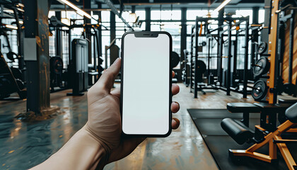 A smartphone with white screen in the hand with fitness room in the background