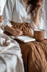 Woman Sitting on Bed Writing in a Book