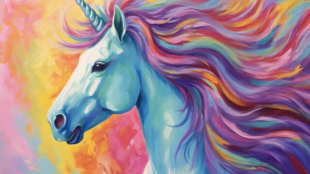 A painting of a unicorn with a rainbow mane and tail