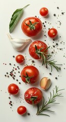 Tomatoes, Garlic, and Herbs on White Surface