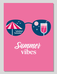Summer mood. Hello summer. Enjoy summer. Summer card or poster concept in flat design. Stylized illustration of reflection in glasses in geometric style. Vector illustration.