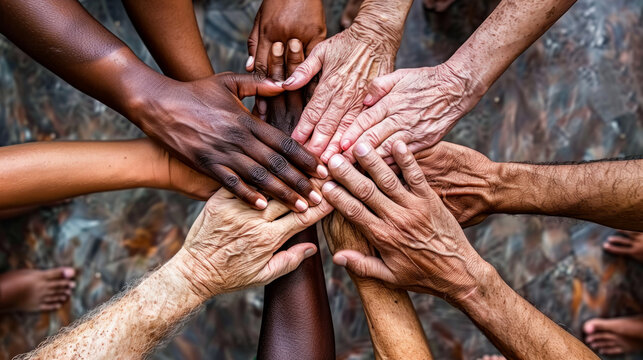 United hands of different ages and ethnicities - Powered by Adobe