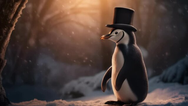 A penguin wearing a top hat stands in the snow