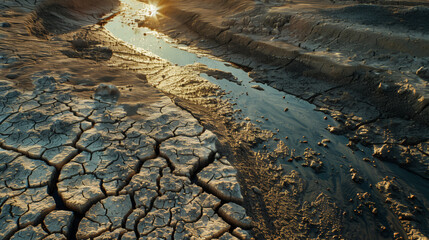 A dried-up riverbed with a small stream flowing through it. The water is muddy, and the ground is dry and cracked