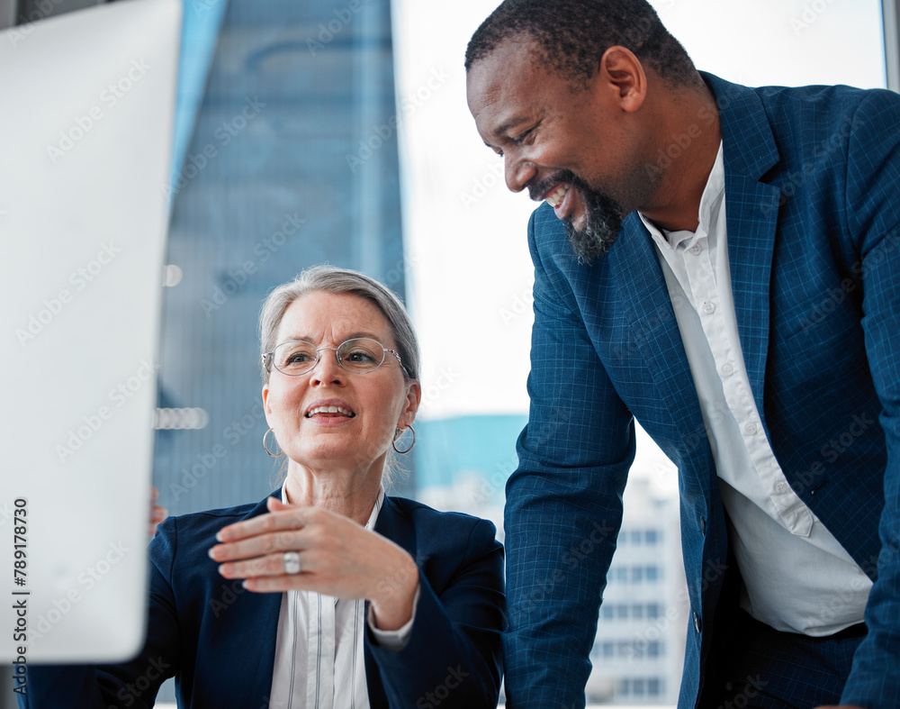 Poster computer, advice and business people in office for support, online proposal or project planning. par