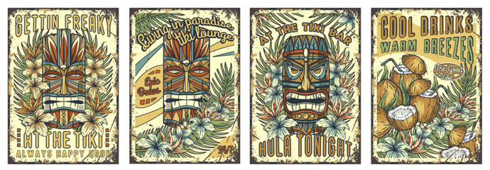 Tiki mask surfing summer bar poster set. Tropical leaves, hawaiian vibes. Hawaii wooden tiki mask collection. Traditional ethnic idol of maori or polynesian. Old tribal totem for tiki bar - obrazy, fototapety, plakaty