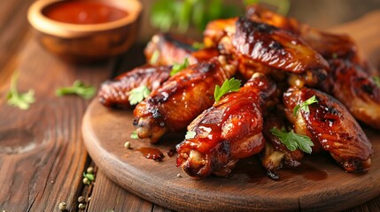 Smoked chicken wings with sauce on a wooden table, smoked chicken wings, chicken wings closeup, wings of chicken, smoked chicken wings on a wooden table