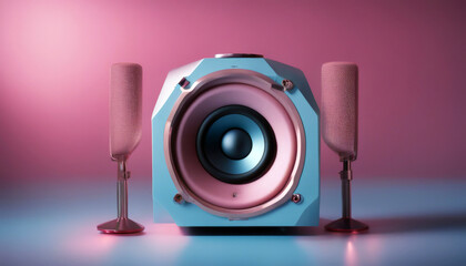 background blue speaker pink sound woofer stereo music note bass sub audio loud musical equipment loudspeaker high fidelity retro scene vibration - obrazy, fototapety, plakaty
