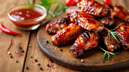 Smoked chicken wings with sauce on a wooden table, smoked chicken wings, chicken wings closeup,...