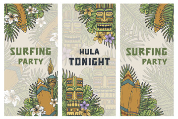Surfing hawaii poster set, aloha beach summer print with surf board,tropical leaves for surfer. Good vibes surf design. Wooden tiki mask collection. Traditional ethnic idol. Tribal totem for tiki bar