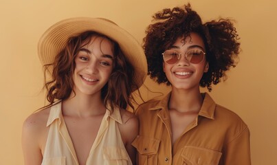 Fototapeta premium Two modern happy women African American and Caucasian wearing beige casual clothes on beige background