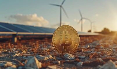 Gold coin bitcoin on a green field against the sky and solar panels. Eco mining concept - 789179394