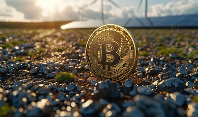 Gold coin bitcoin on a green field against the sky and solar panels. Eco mining concept - 789179396