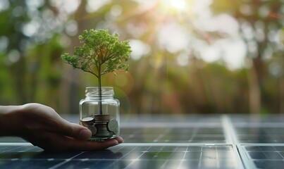 Close-up of a hand holding a jar of coins from which a tree grows at the solar panels - 789179531
