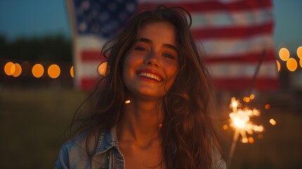 Young woman celebrating american independence by burning fire sparkles. Female playing with fire sparkles with the american flag in the background. - 789179548
