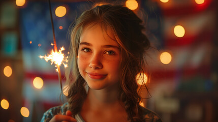 Girl celebrating american independence by burning fire sparkles. Female child playing with fire sparkles with the american flag in the background - 789179564