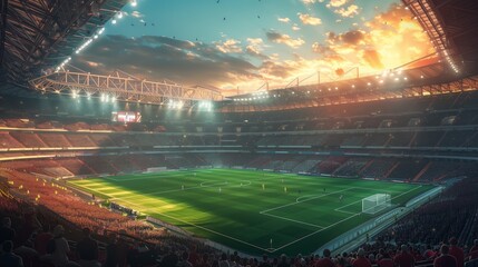 Sport match. Back view of football, soccer fans cheering their team with colorful scarfs at crowded stadium at evening time. Concept of sport, cup, world, team, event, competition - 789179566