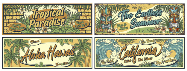 Surfing summer sign. Catch the surf wave poster set. Surf time for surfer in chill bar. Old tribal collection with ethnic totem and idol for tiki bar